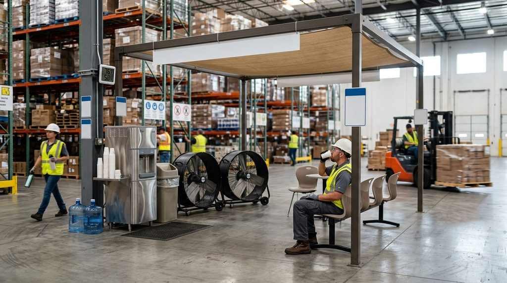 A warehouse worker sitting at a designated indoor cooling station under a shaded structure with large industrial fans and a water dispenser while holding a cup.