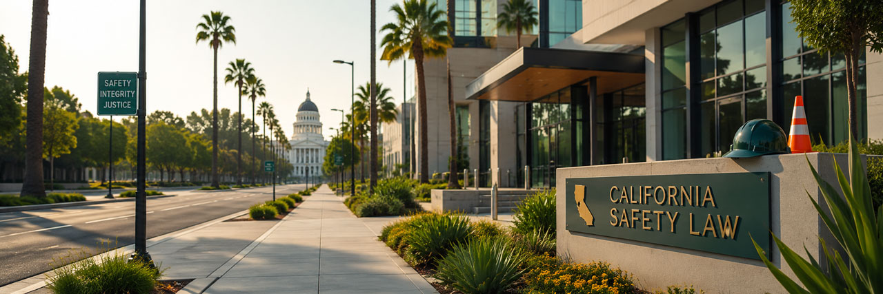 A wide exterior shot of a modern legal office building with a sign reading California Safety Law, featuring a green hardhat and traffic cone, looking down a palm-tree-lined avenue toward the Sacramento State Capitol dome.