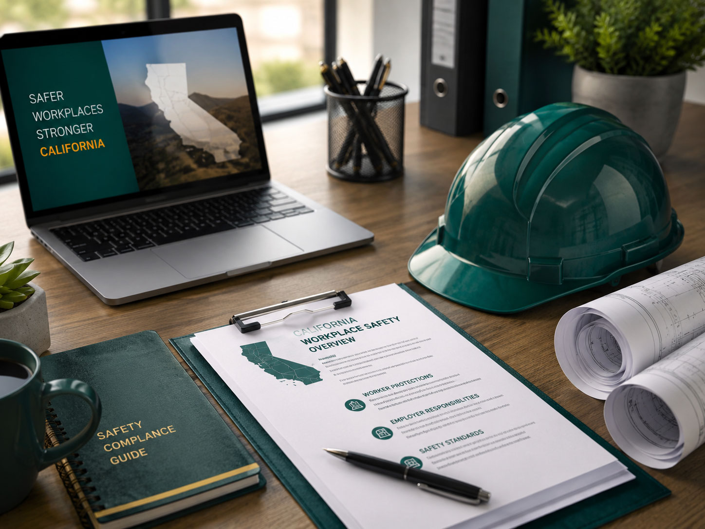 An office desk with a laptop displaying Safer Workplaces Stronger California, a clipboard with a California Workplace Safety Overview document, a green construction hardhat, and rolled blueprints.