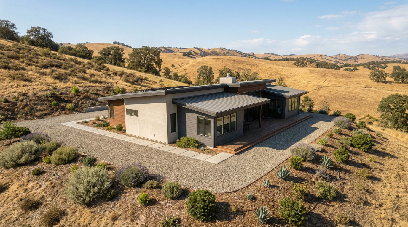 High-angle aerial view of a modern single-story California ranch home with dark metal roofing, stucco walls, and extensive gravel defensible space landscaping on dry golden foothills.